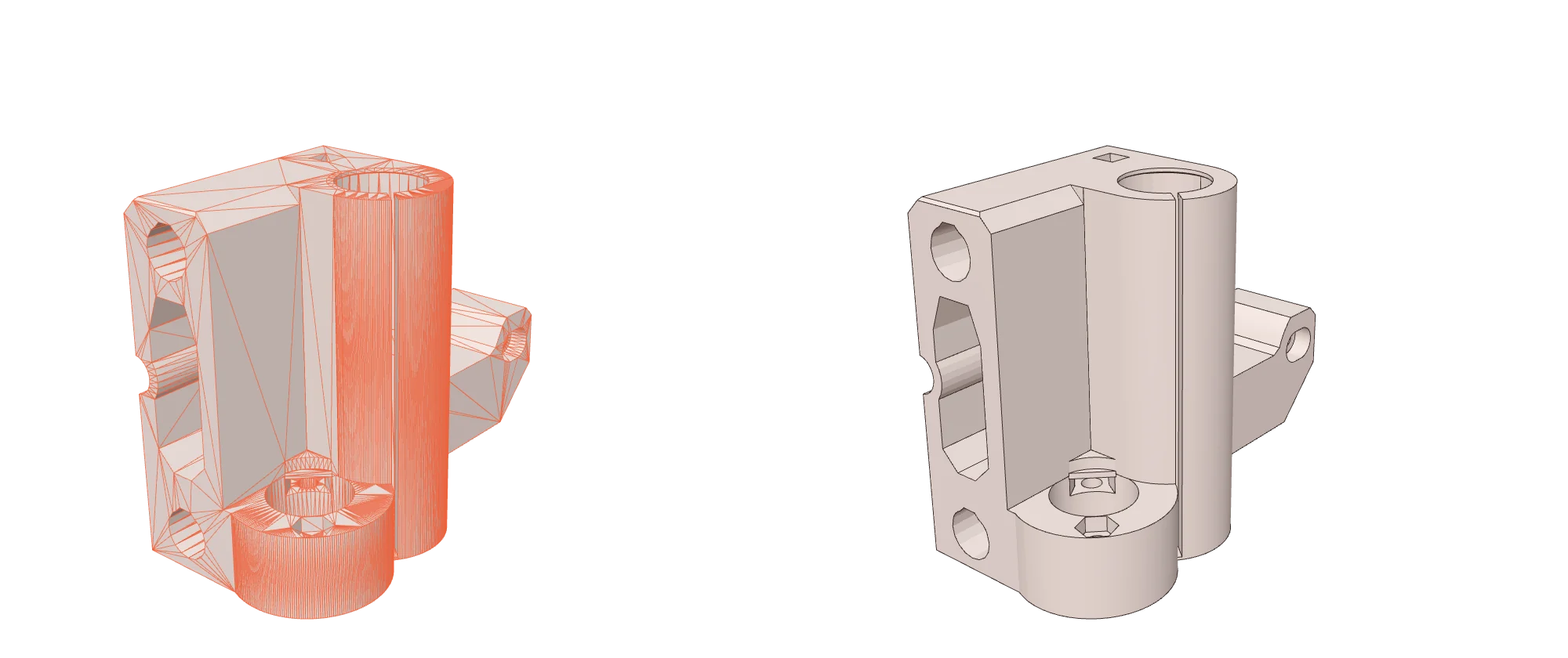 The same bracket as raw triangles on the left and as clean CAD faces on the right